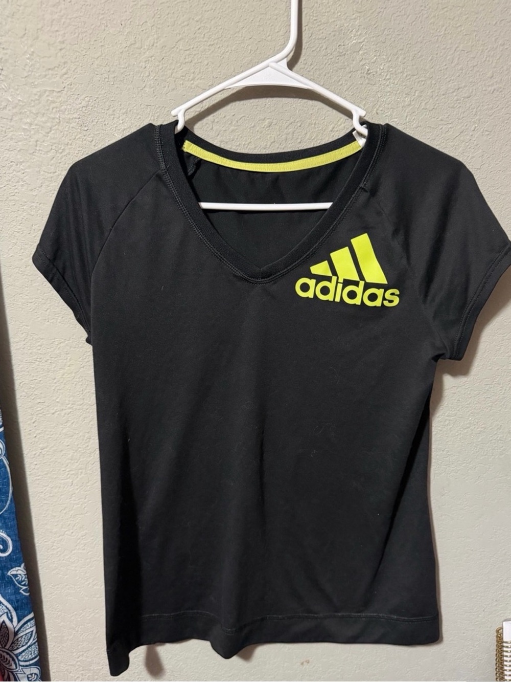 adidas Black Short-Sleeve V-Neck Tee with Neon Yellow Logo